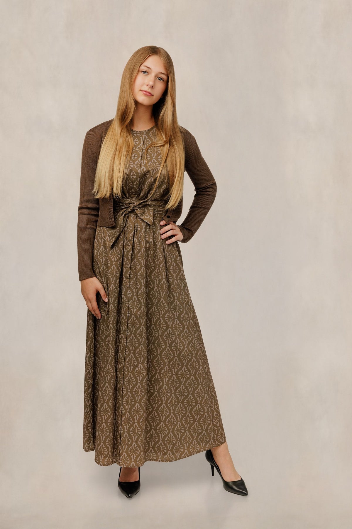 GEOMETRIC TIE WAIST DRESS WITH CARDIGAN