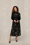 Floral Mock Neck Mesh Dress With Embroidered Cardigan - Black