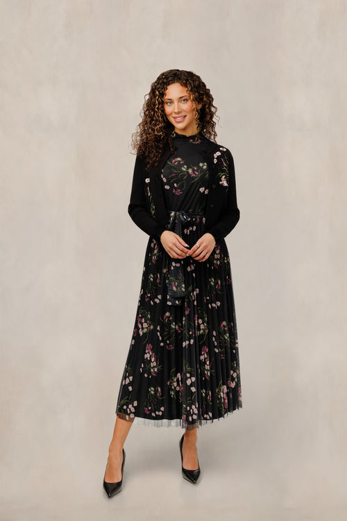 Floral Mock Neck Mesh Dress With Embroidered Cardigan - Black
