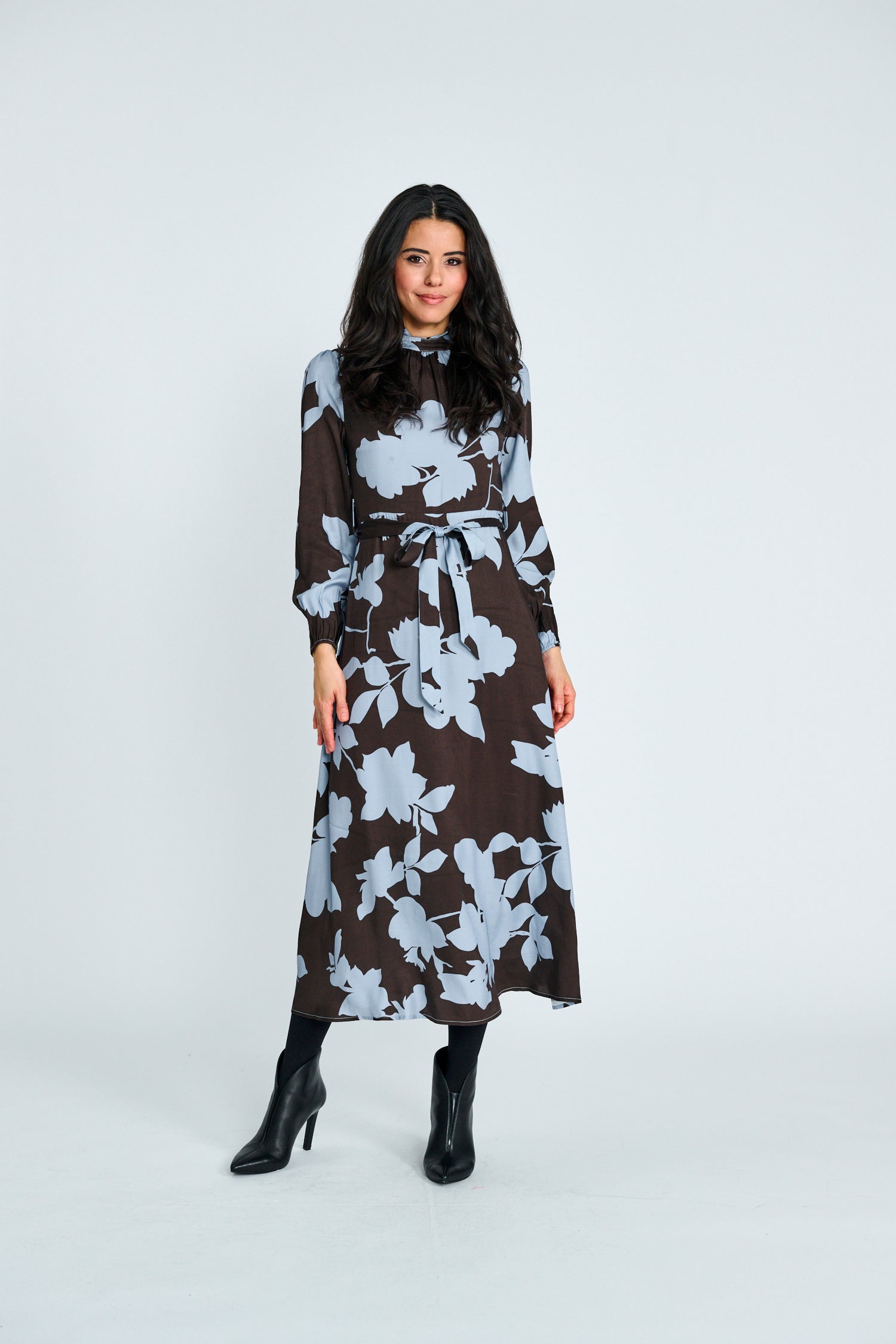 FLORAL TIE-BELT MIDI DRESS