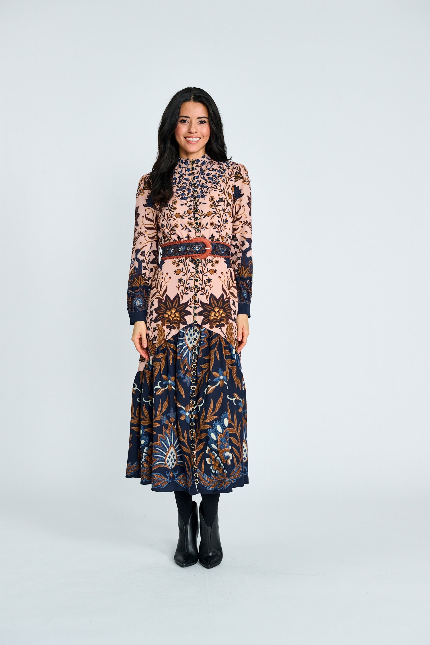 ORNATE PATCHWORK TIE-BELT MIDI DRESS