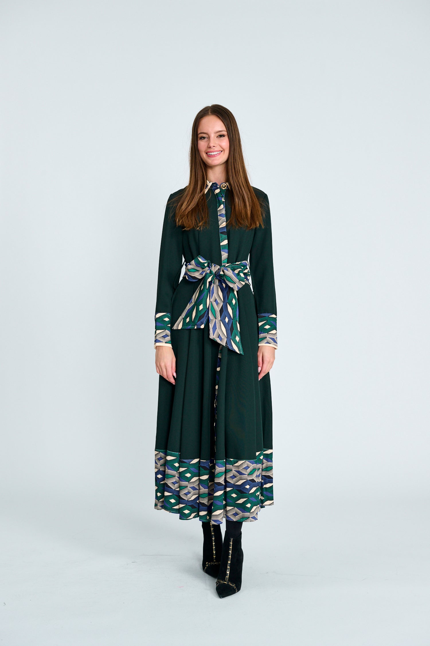 SCARF-PRINT TIE-BELT MIDI DRESS