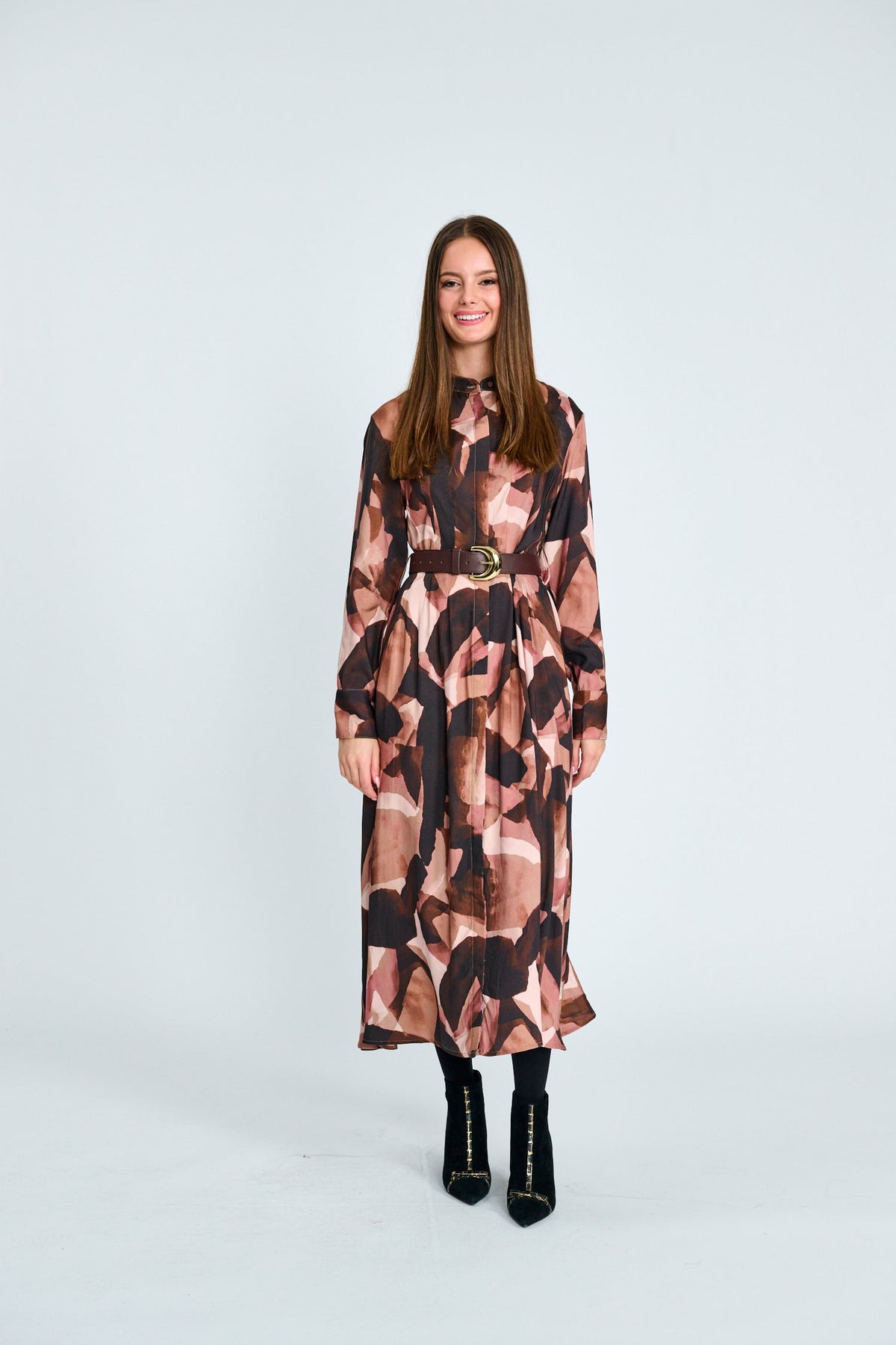 ABSTRACT PATCHWORK TIE-BELT MIDI DRESS