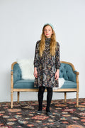 MIXED MEDIA TRIBAL SHIRRED DRESS