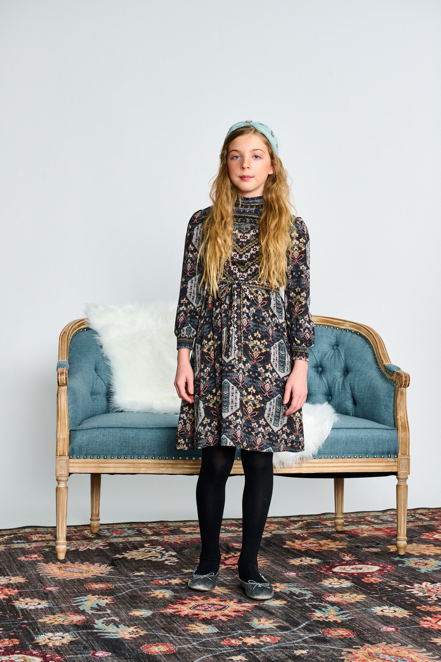 MIXED MEDIA TRIBAL SHIRRED DRESS