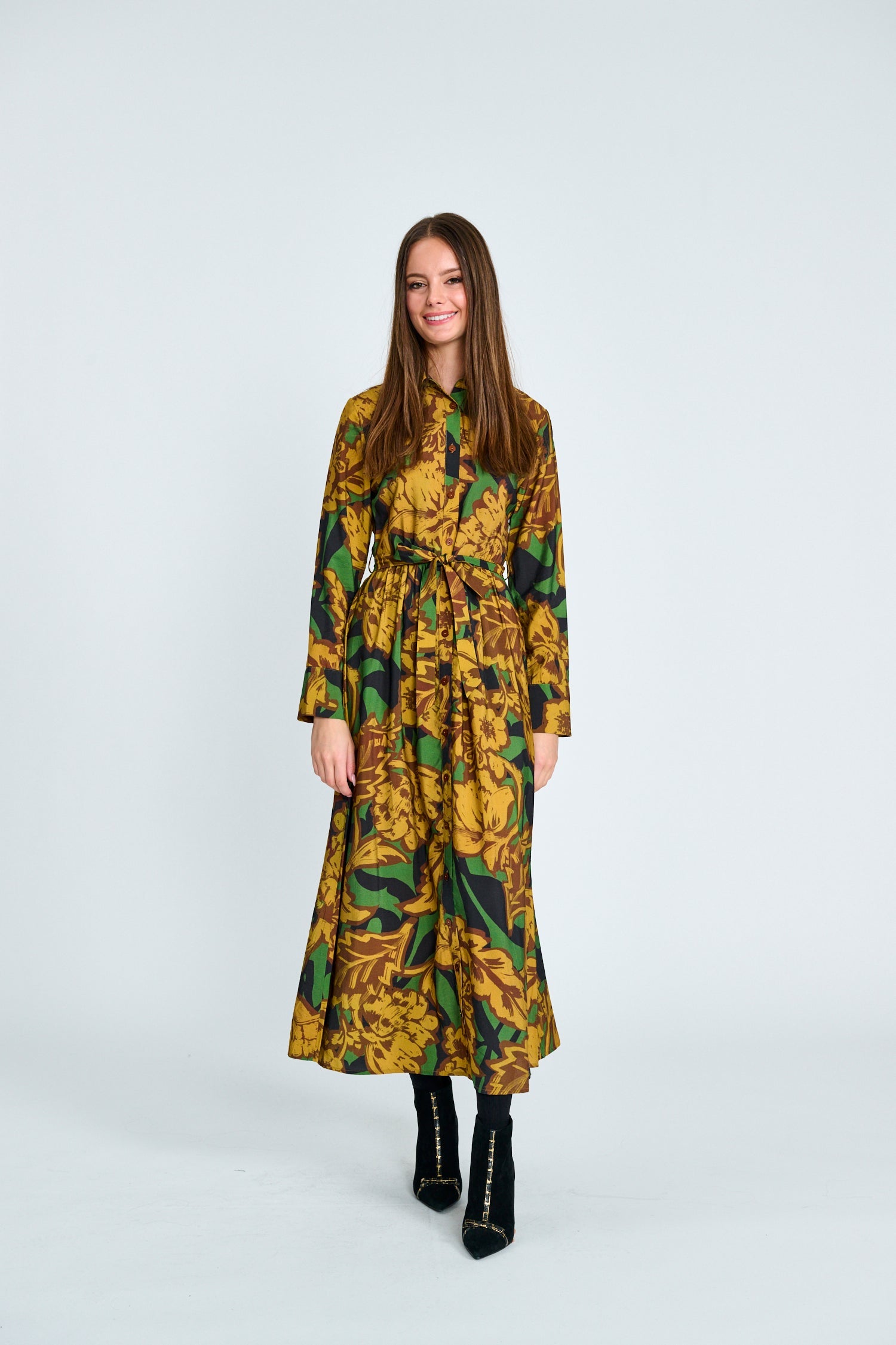 BOTANICAL TIE-BELT MIDI DRESS