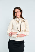 CREPE TOP WITH BLACK TRIM & TIE NECK