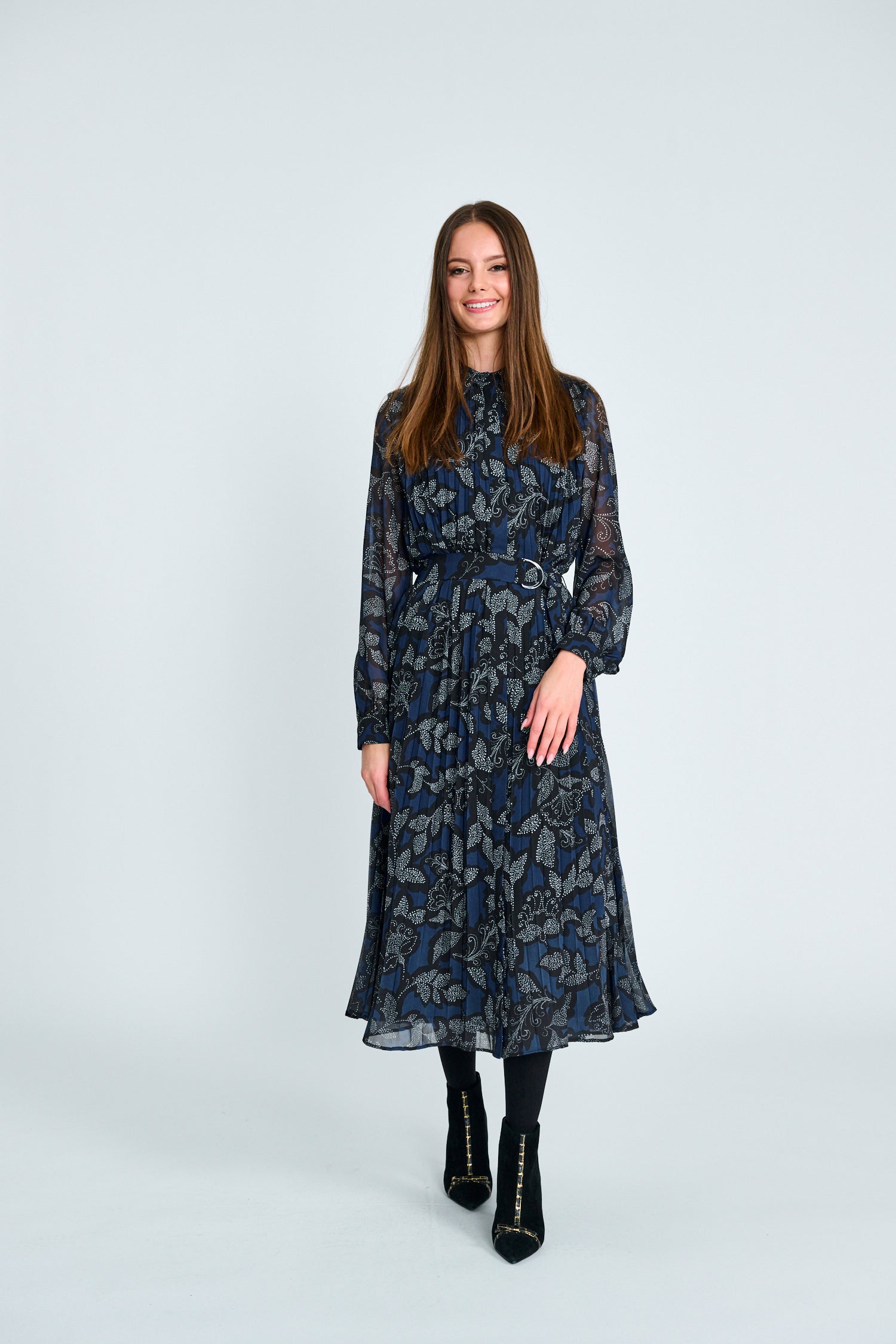 PRINTED PLEATED DRESS WITH TIE BELT