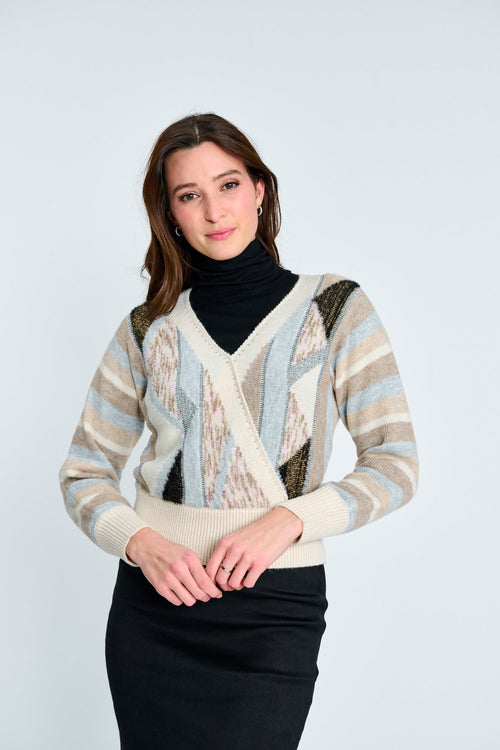 MIZ 445090 V-Neck Lurex Knit Top