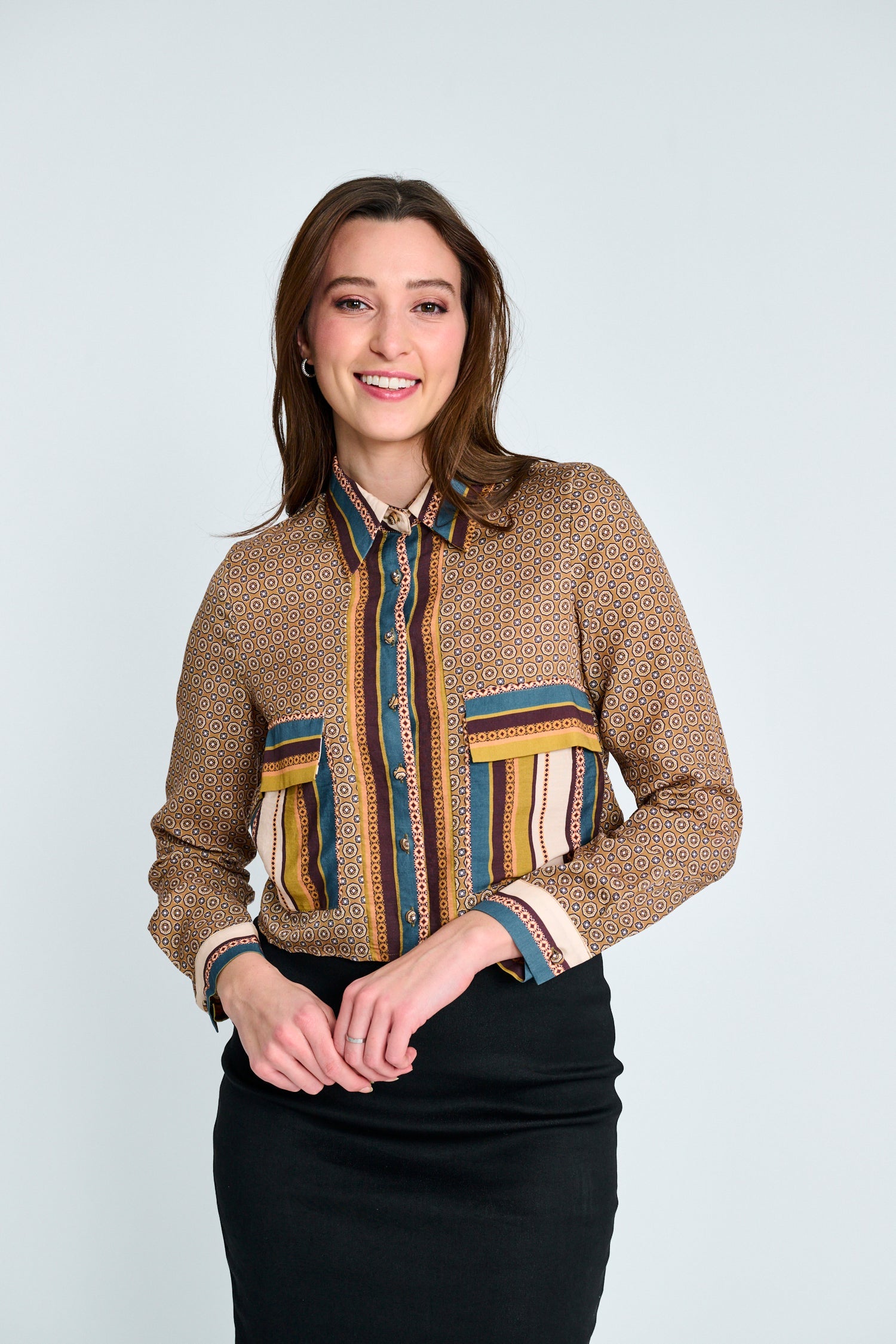 PRINTED BUTTON DOWN BLOUSE WITH POCKETS