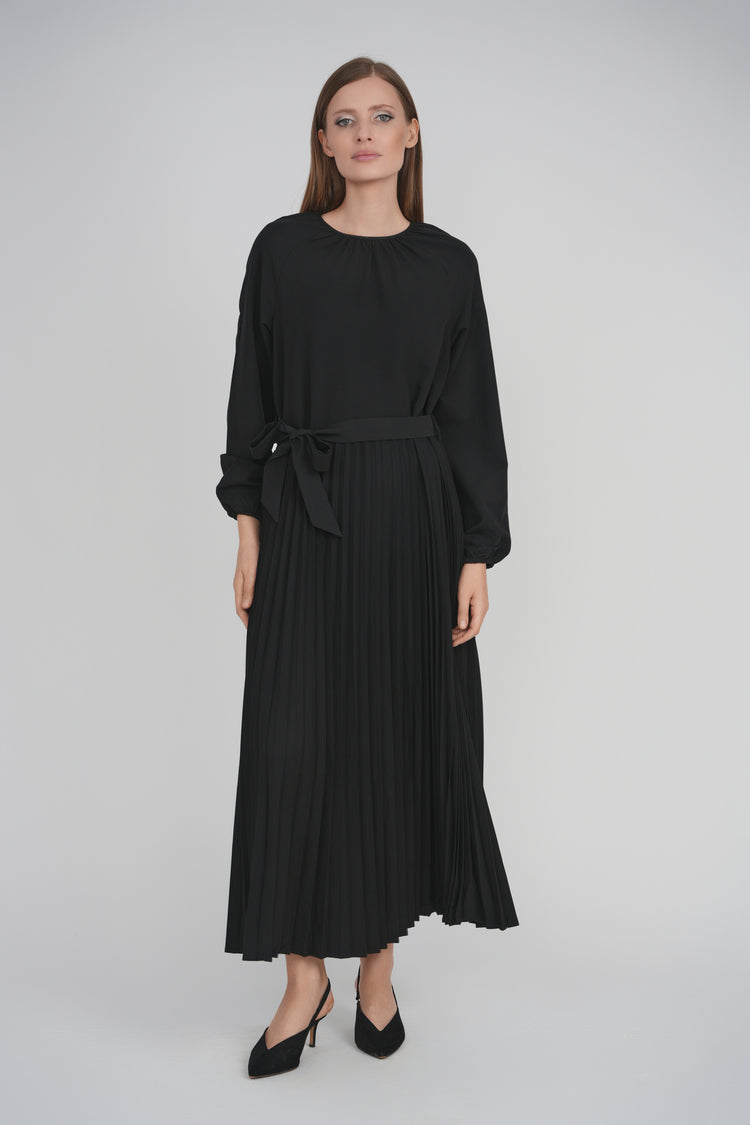 BELTED PLEAT DRESS