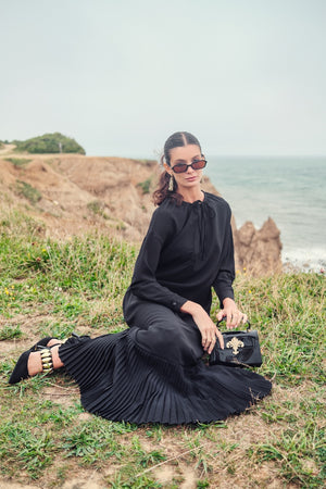 Pashmina Drawstring Flounce Maxi Black