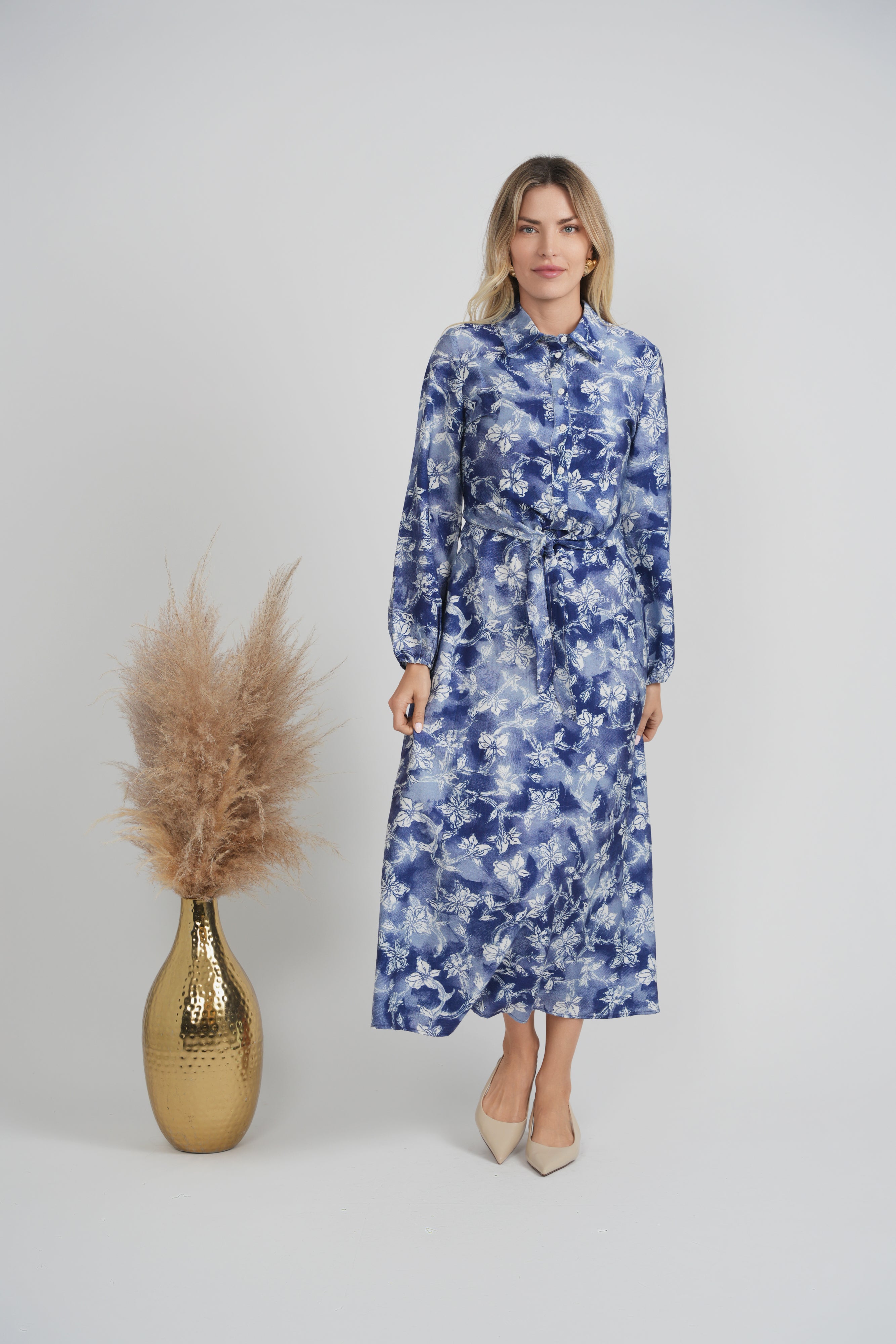 Ladies Denim Printed Linen Tie Blouse
