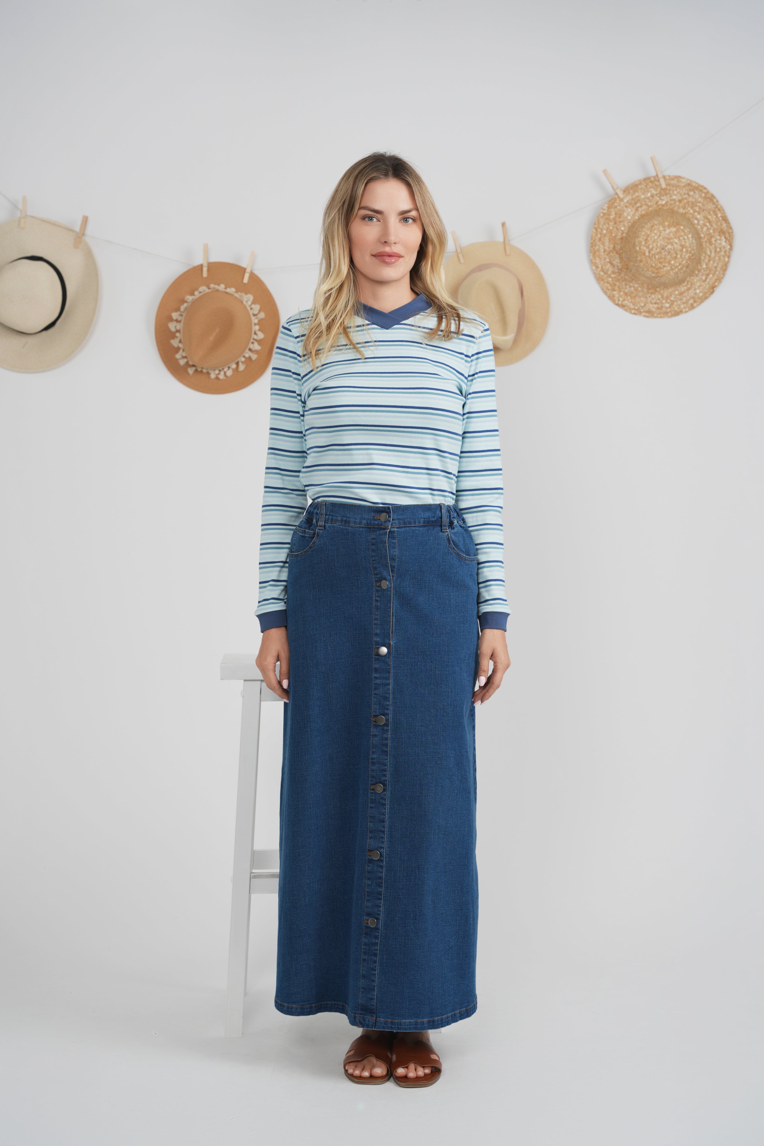 Ladies Striped V Neck Contrast Tee