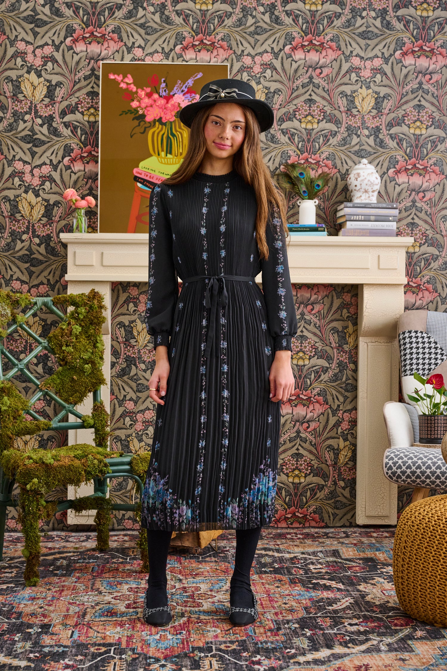CHIFFON SMALL PLEATS FLORAL PRINT DRESS
