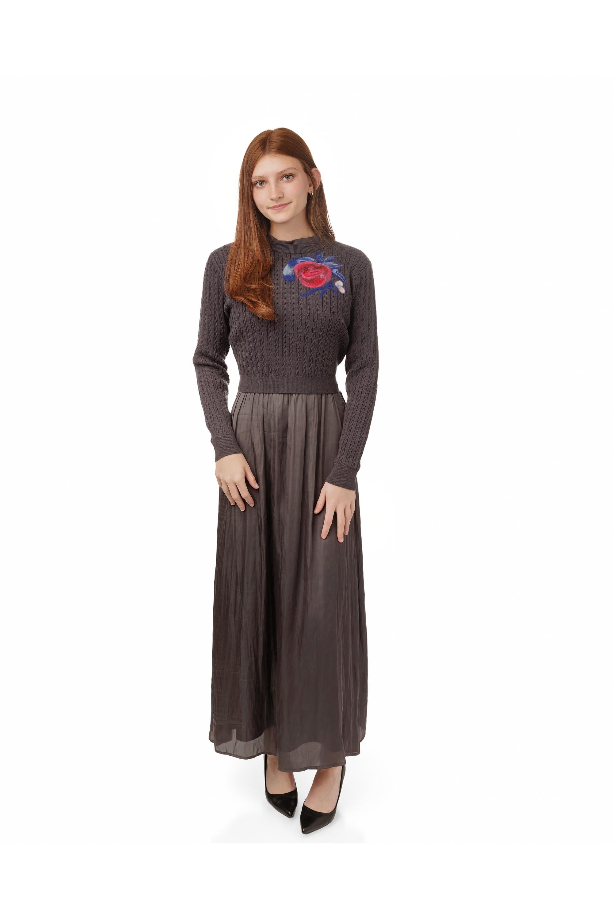 SATIN DRESS WITH KNIT FLORAL OVERLAY