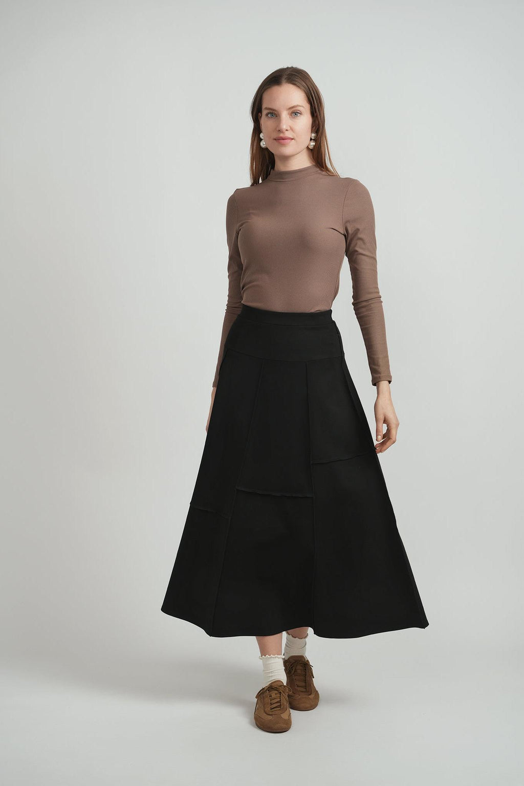LADIES PONTE TOP STITCH PANELED A-LINE MIDI SKIRT