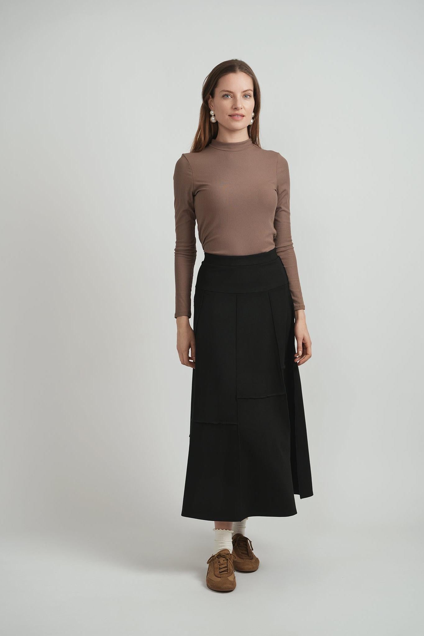 LADIES PONTE TOP STITCH PANELED A-LINE MIDI SKIRT