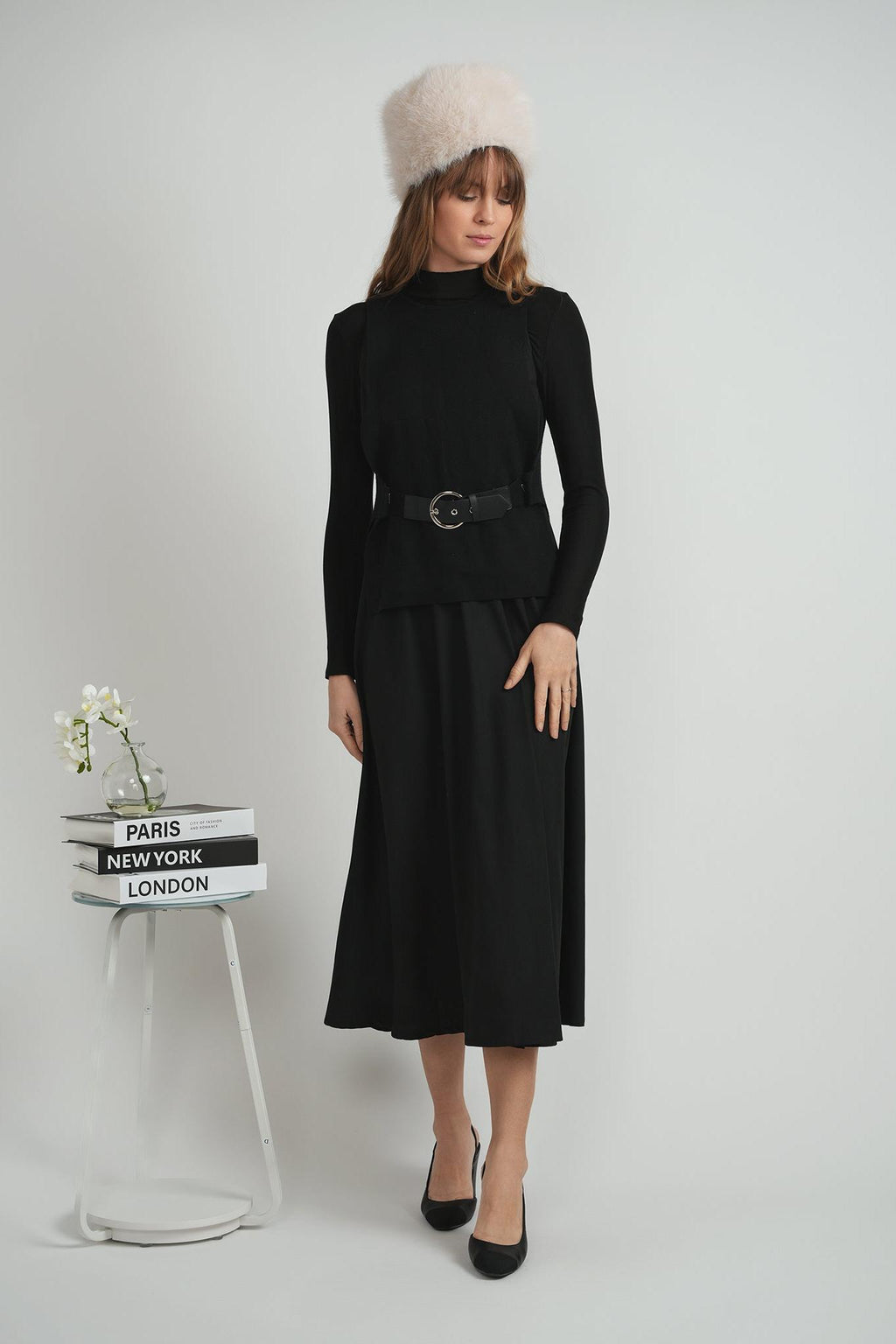 LADIES BELTED VEST CREPE JUMPER SET