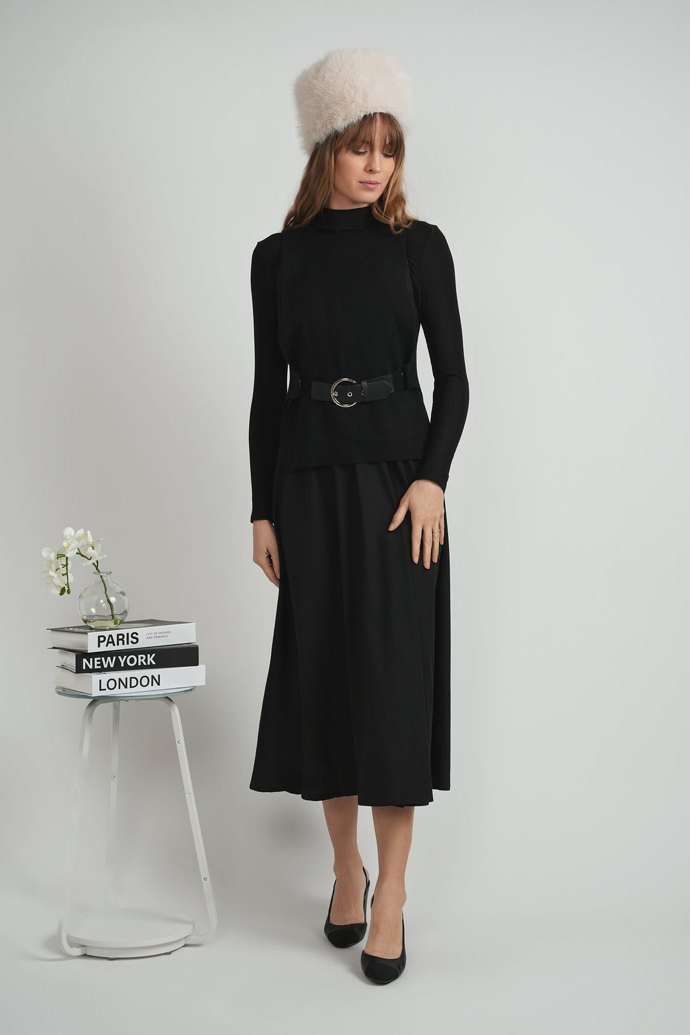 LADIES BELTED VEST CREPE JUMPER SET