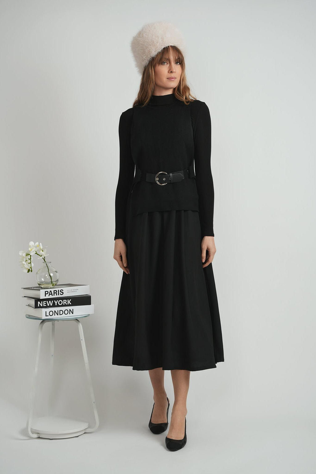 LADIES BELTED VEST CREPE JUMPER SET