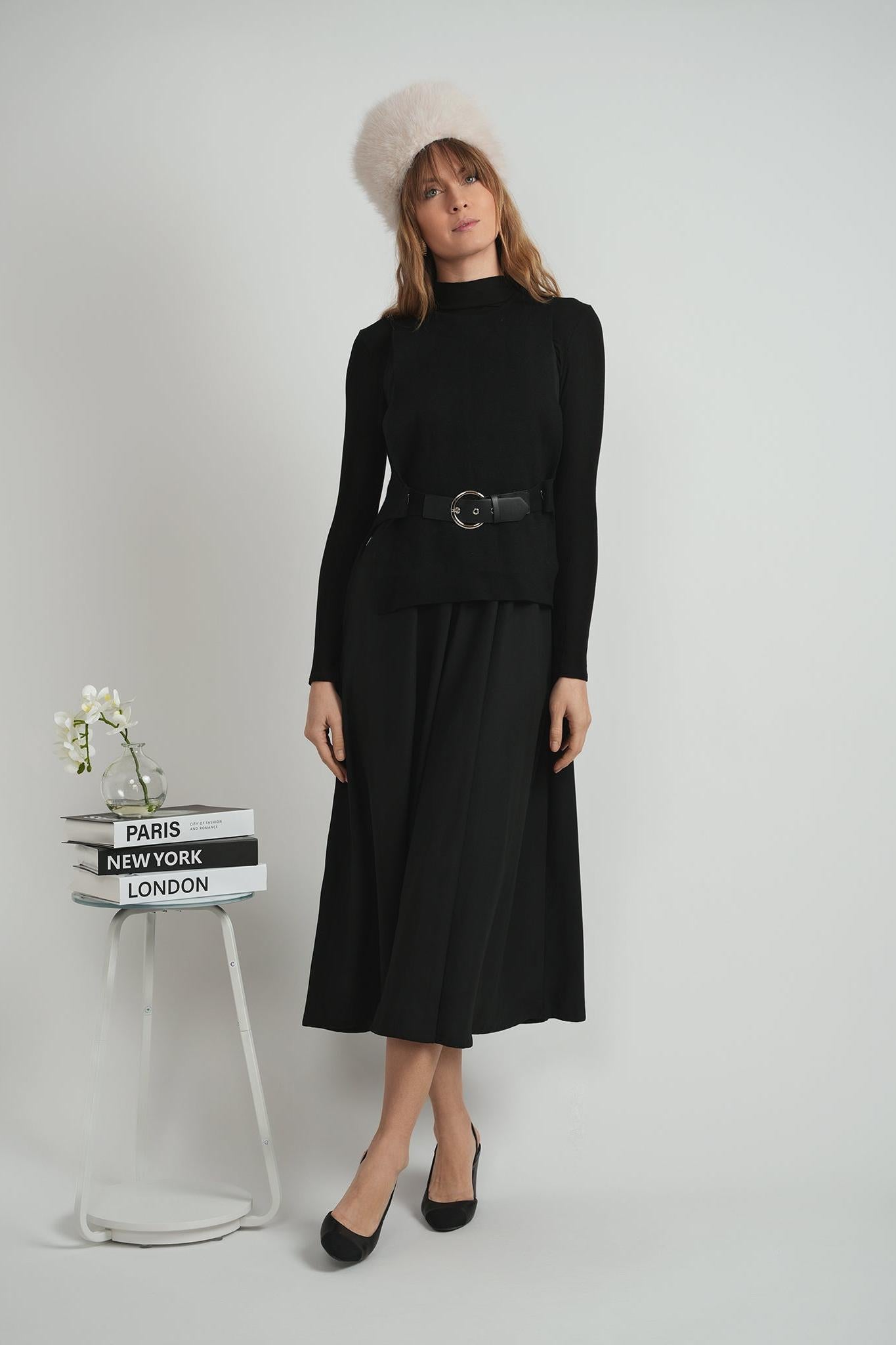 LADIES BELTED VEST CREPE JUMPER SET