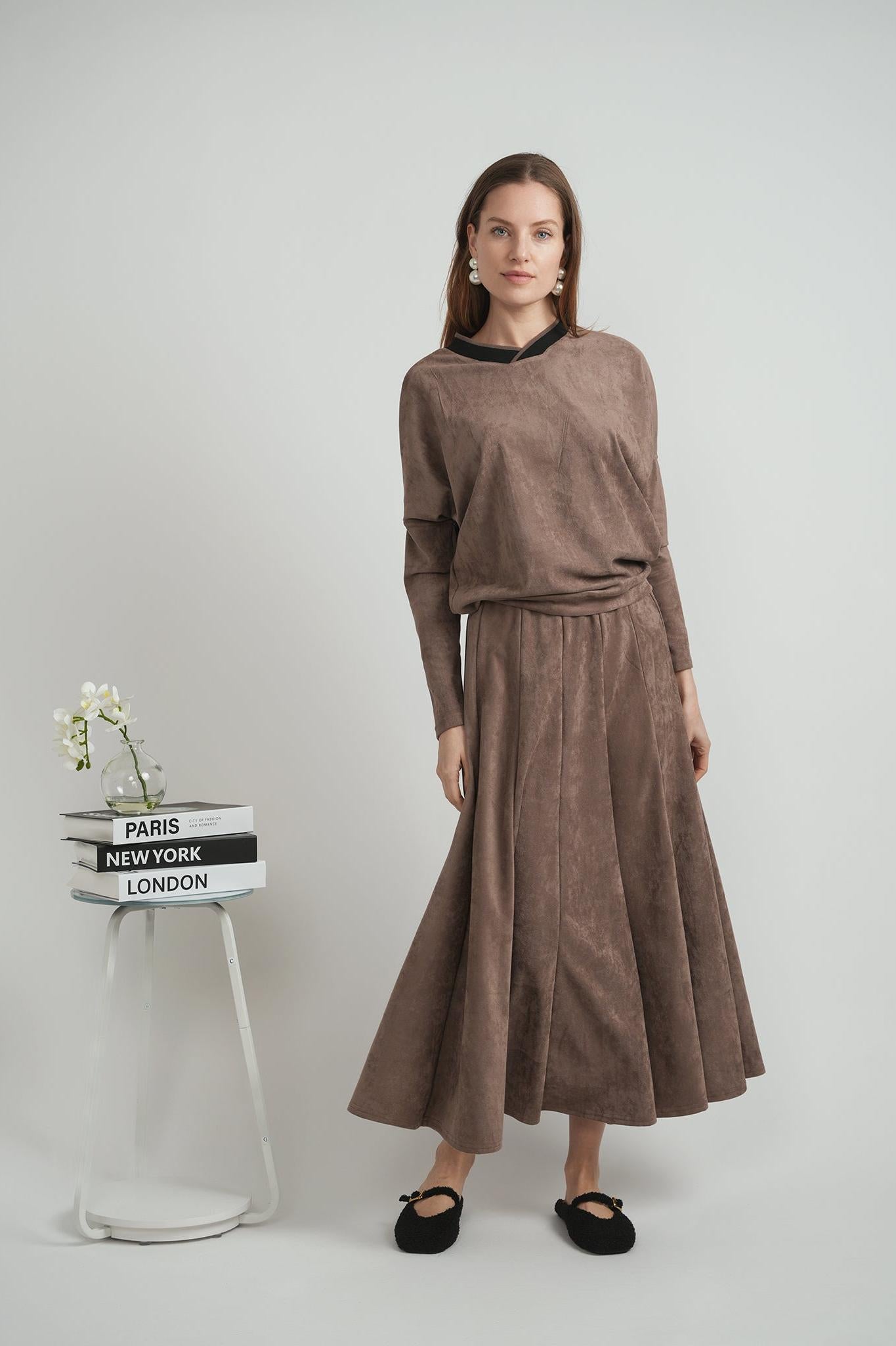 LADIES MIDI SUEDE PANELED SKIRT