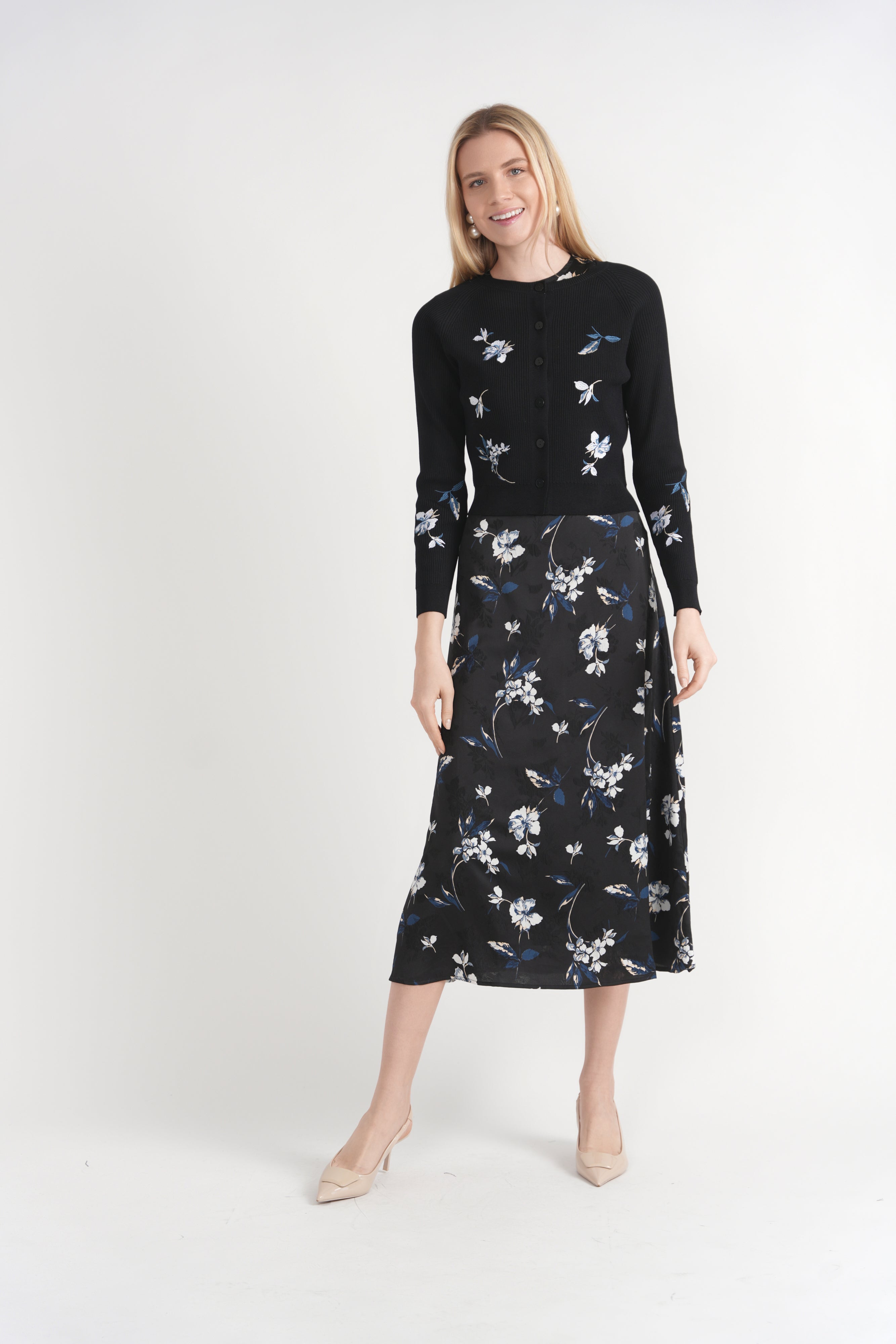 Cream matching floral jumper and embroidered knit cardigan detail