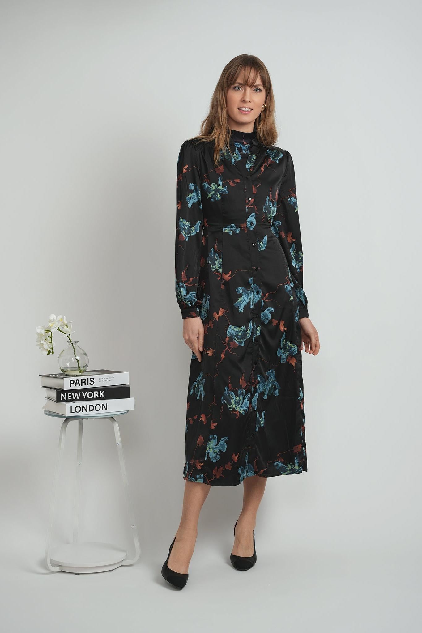 LADIES PRINTED MIDI DRESS MOCKNECK SET