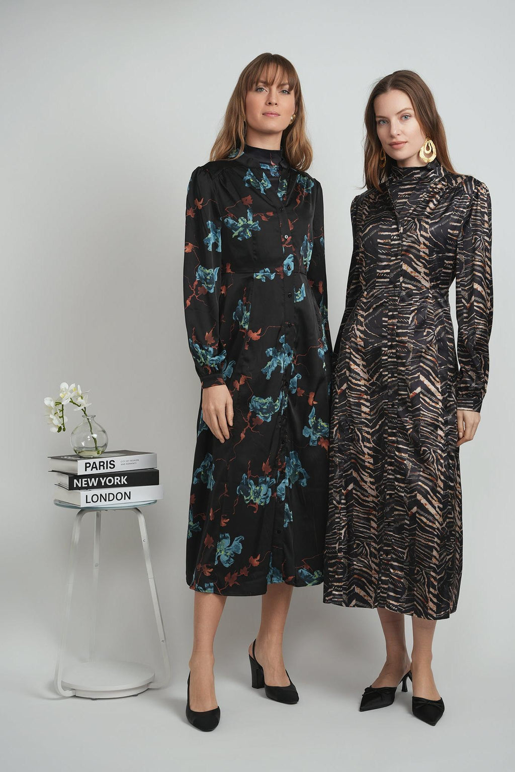 LADIES PRINTED MIDI DRESS MOCKNECK SET