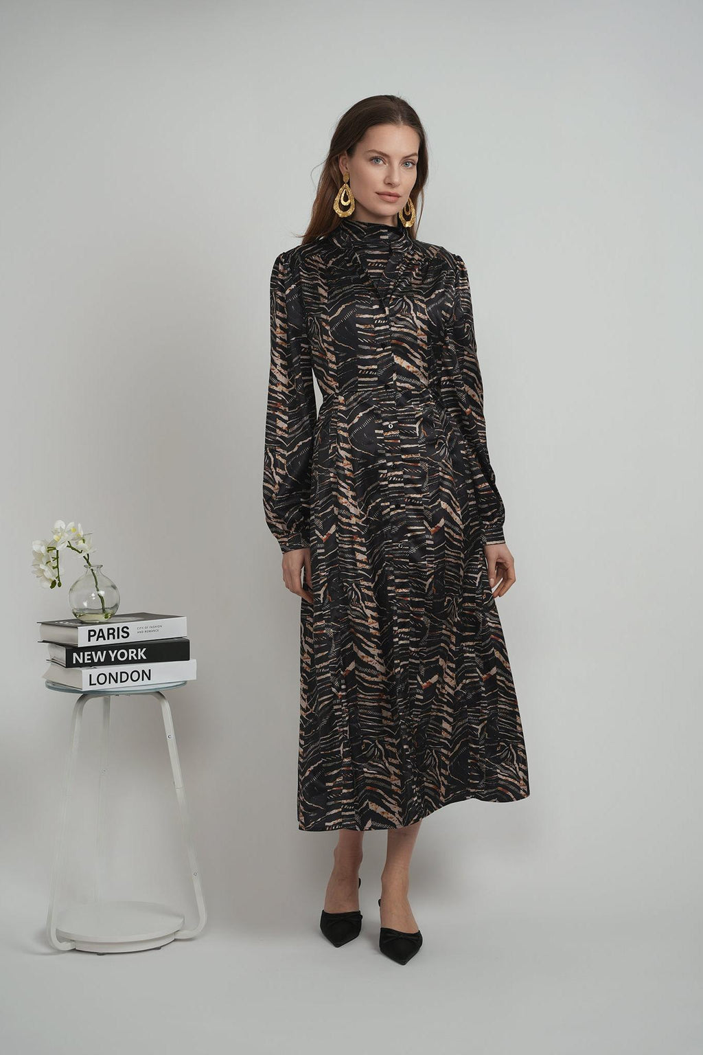 LADIES PRINTED MIDI DRESS MOCKNECK SET