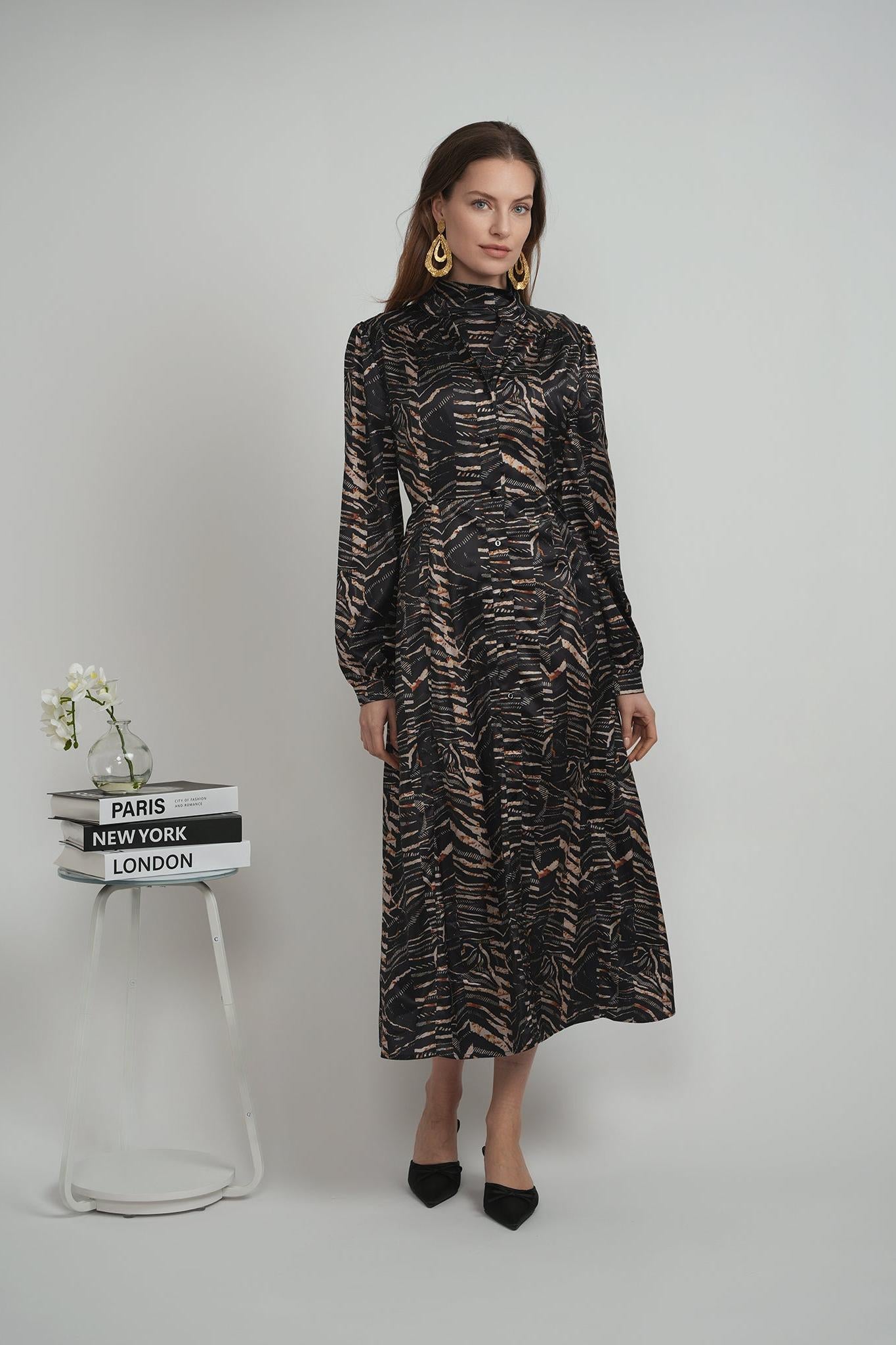 LADIES PRINTED MIDI DRESS MOCKNECK SET