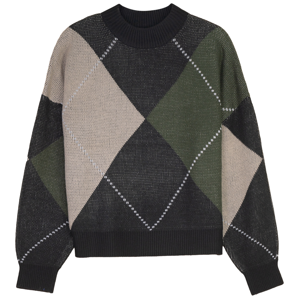 LOL WB6CM2309TE argyle drop shoulder sweater in black, oatmeal, and dark olive