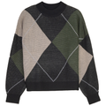 LOL WB6CM2309TE argyle drop shoulder sweater in black, oatmeal, and dark olive