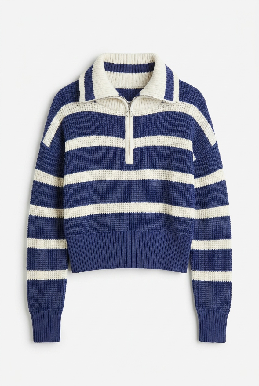 STRIPED WAFFLE KNIT PULLOVER WITH HALF ZIPPER