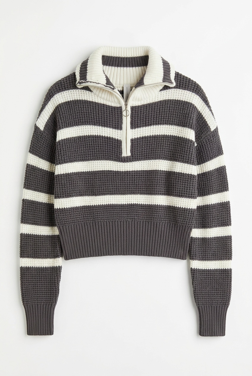 STRIPED WAFFLE KNIT PULLOVER WITH HALF ZIPPER