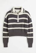 STRIPED WAFFLE KNIT PULLOVER WITH HALF ZIPPER