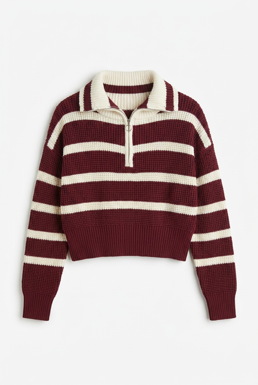 STRIPED WAFFLE KNIT PULLOVER WITH HALF ZIPPER