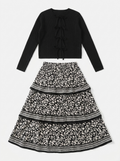 MATCHING POINTELLE KNIT CARDIGAN WITH BORDER PRINT SKIRT SET