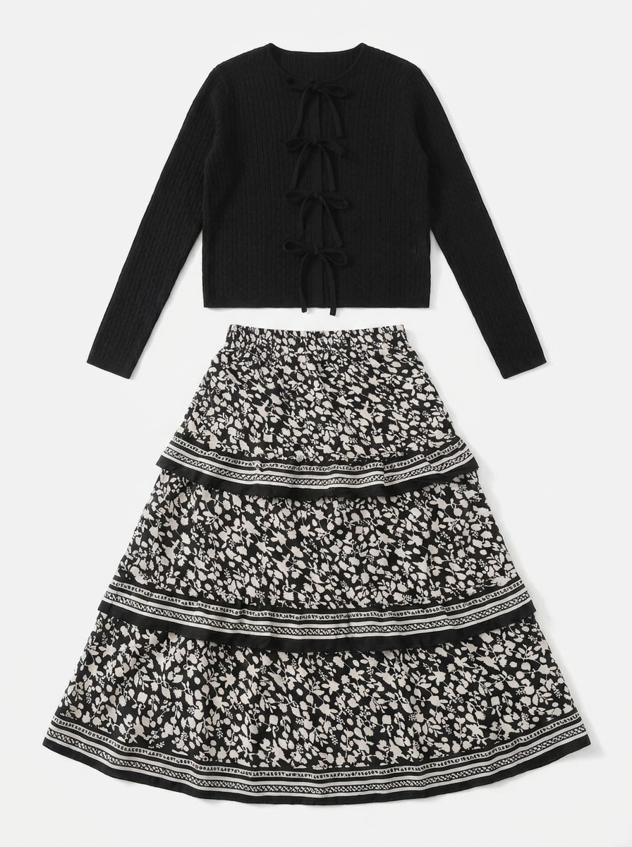 MATCHING POINTELLE KNIT CARDIGAN WITH BORDER PRINT SKIRT SET