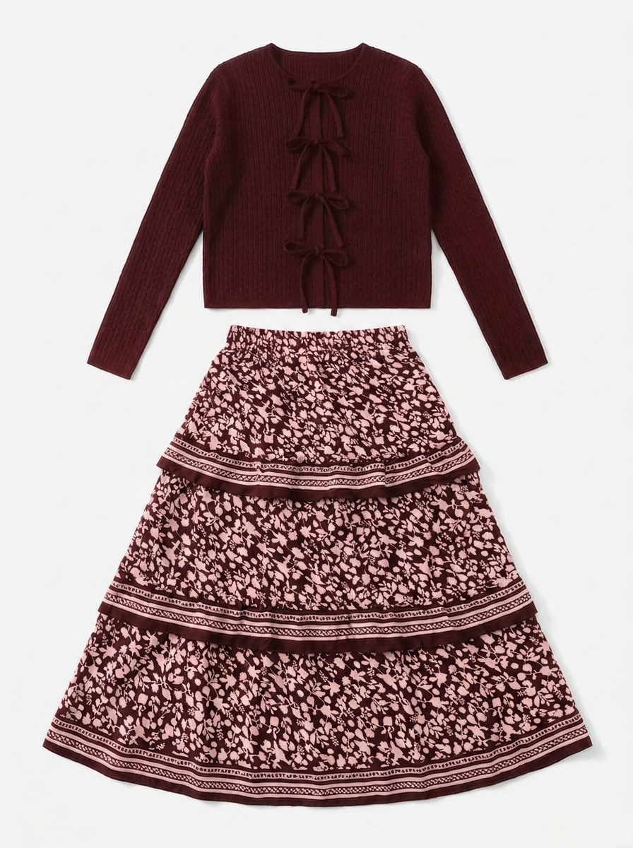 MATCHING POINTELLE KNIT CARDIGAN WITH BORDER PRINT SKIRT SET