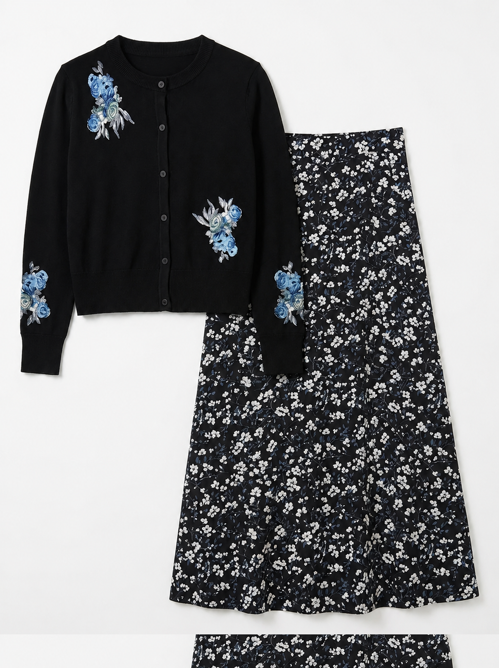 MATCHING KNIT CARDIGAN WITH FLORAL PRINT SKIRT SET