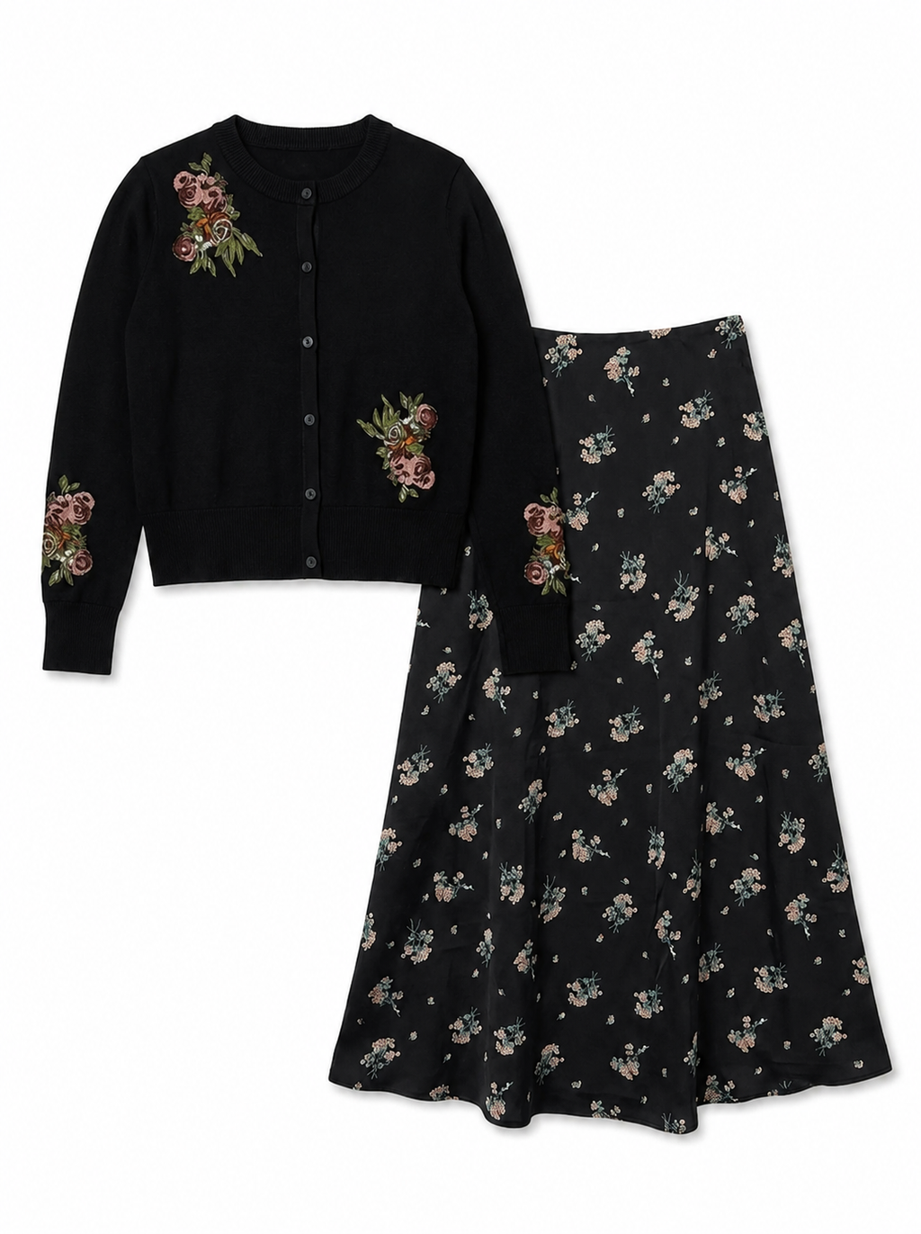 MATCHING KNIT CARDIGAN WITH FLORAL PRINT SKIRT SET
