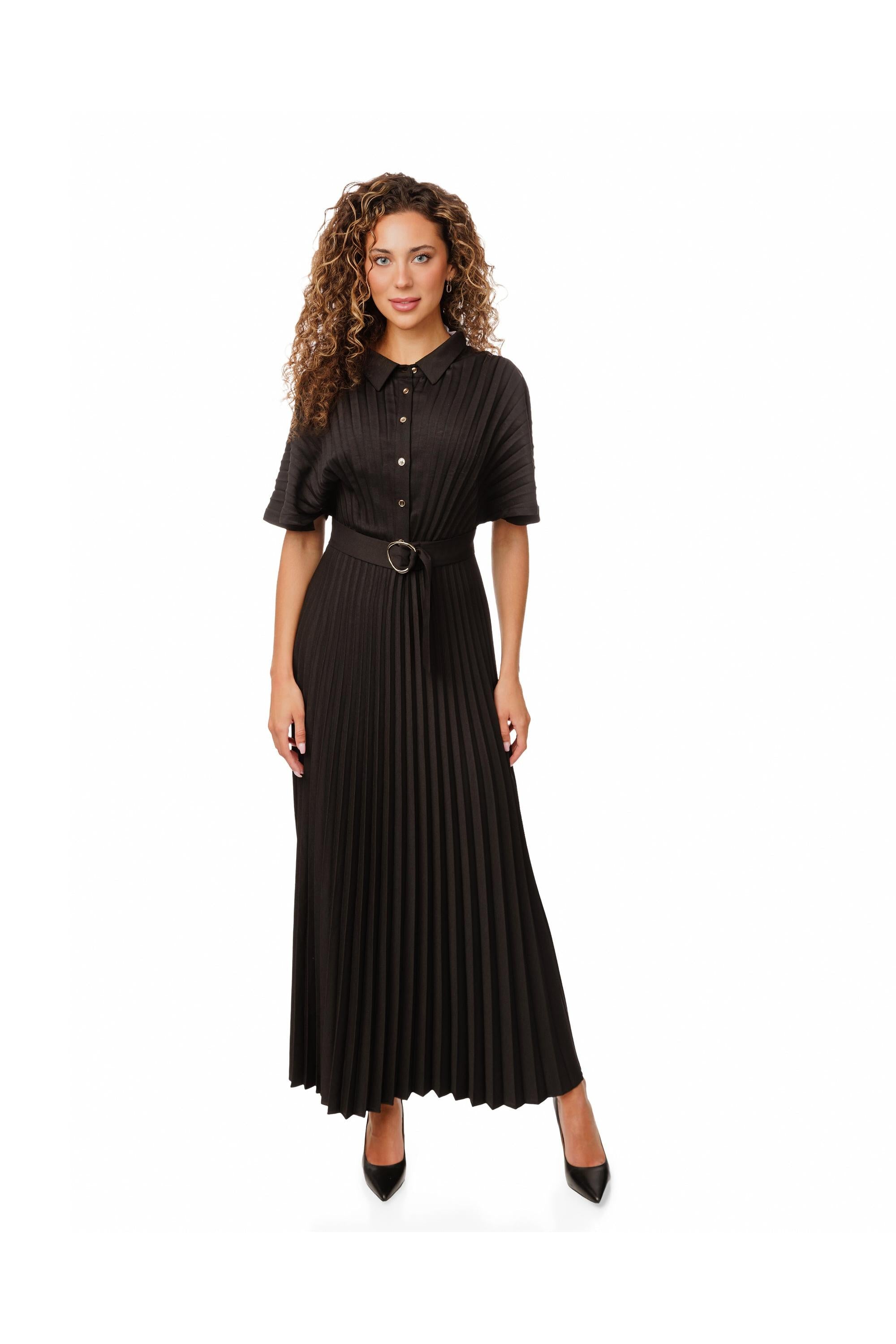PLEATED BELTED DRESS