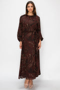 PAISLEY PRINTED BELTED DRESS - BROWN