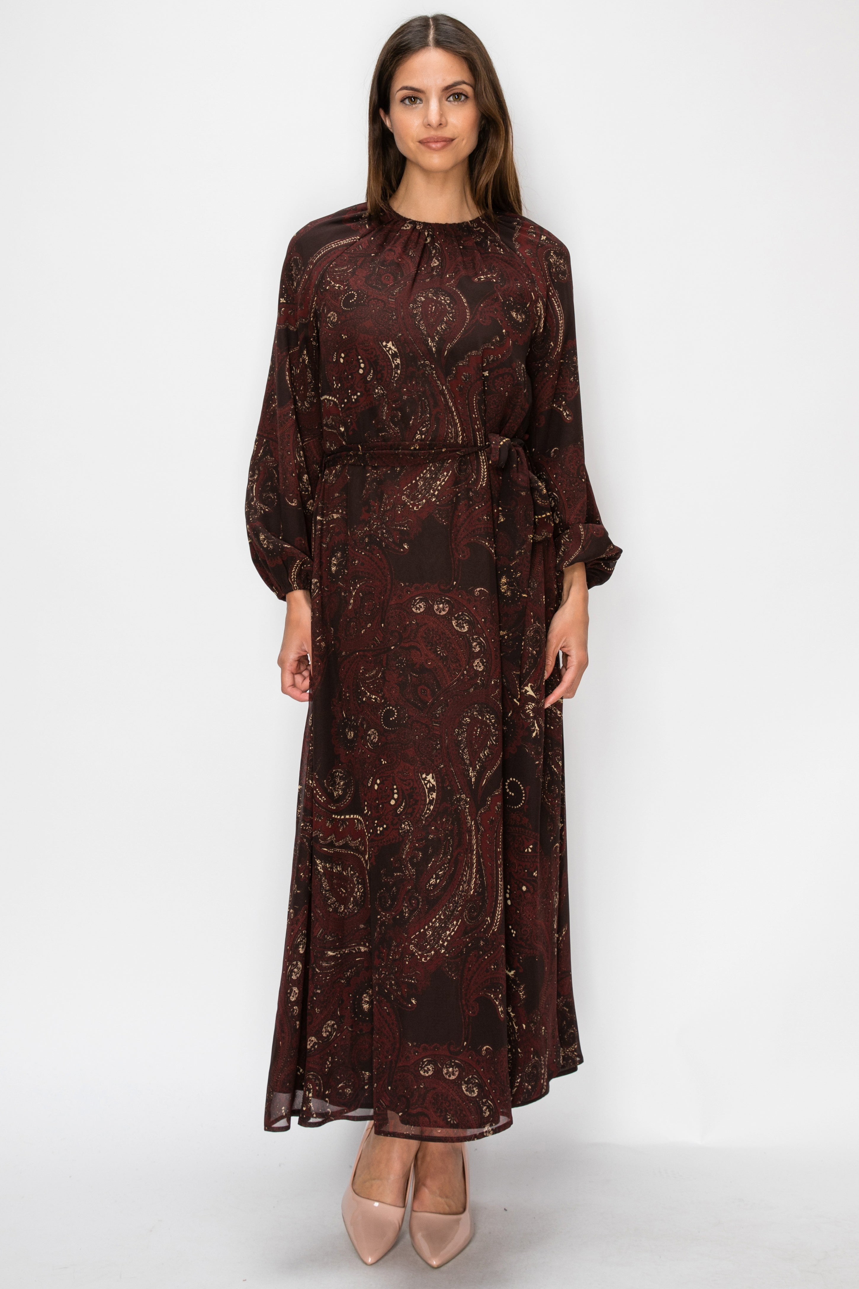 PAISLEY PRINTED BELTED DRESS - BROWN
