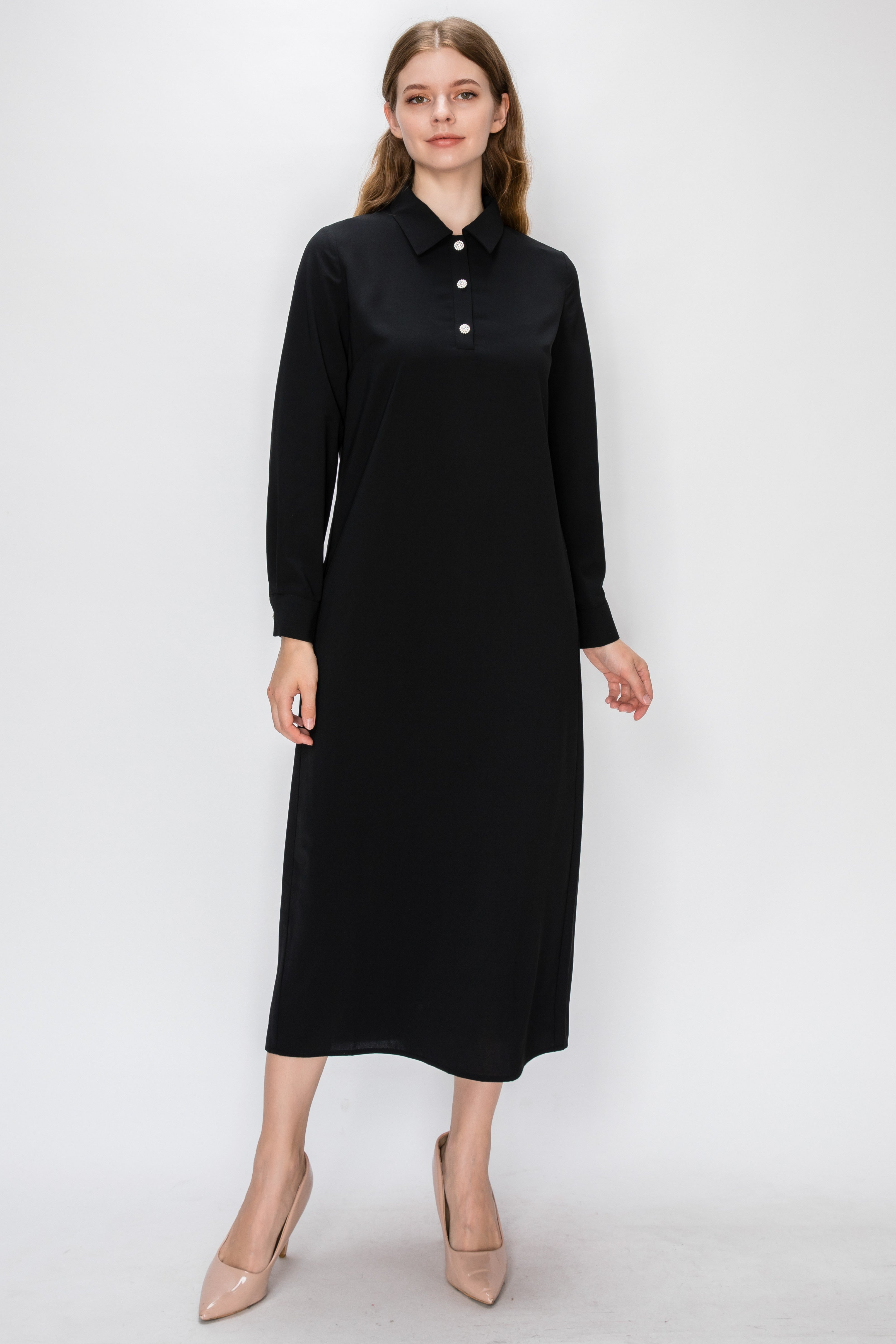 SHIRT DRESS WITH DIAMOND BUTTONS - BLACK
