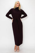 STRIPE MOCK NECK CINCH WAIST DRESS - BURGUNDY