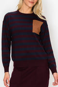 STRIPE POCKET FRONT SWEATER - BURGUNDY