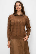 TEXTURED QUARTER-ZIP SWEATER - BROWN